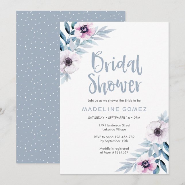 Blue purple floral Bridal Shower Invitation (Front/Back)
