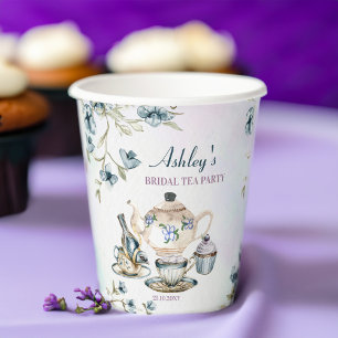 Blue purple floral bridal shower tea party paper cups