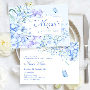 Blue purple floral elegant birthday invitation