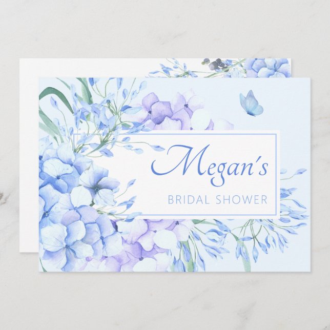 Blue purple floral elegant bridal shower invitation (Front/Back)