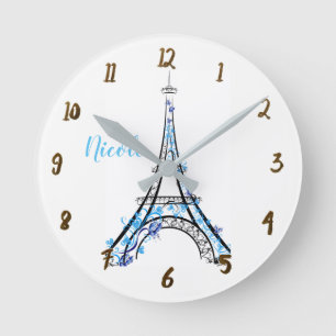 Blue Purple Floral Paris Eiffel Tower Personalised Round Clock