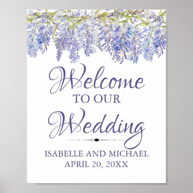 Blue Purple Floral Watercolor Welcome Wedding Sign (Front)