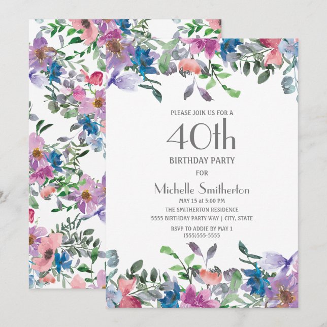 Blue Purple Floral Women's 40th Birthday Invitation (Front/Back)