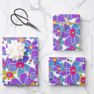 Blue Purple Flower Burst White Gift Wrapping Paper Sheet