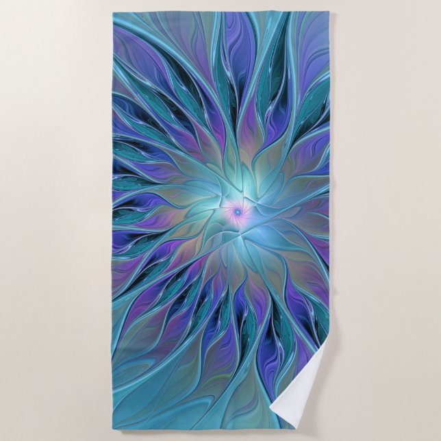 Blue Purple Flower Dream Abstract Fractal Art Beach Towel (Front)
