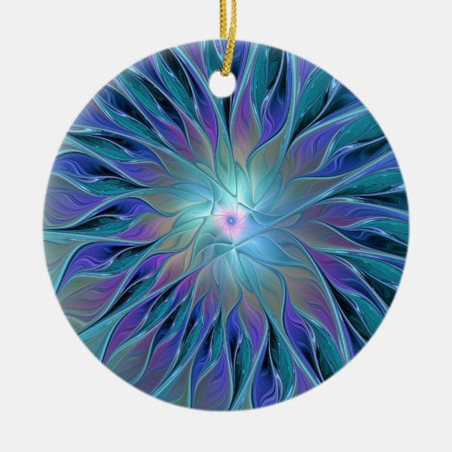 Blue Purple Flower Dream Abstract Fractal Art Ceramic Tree Decoration (Front)