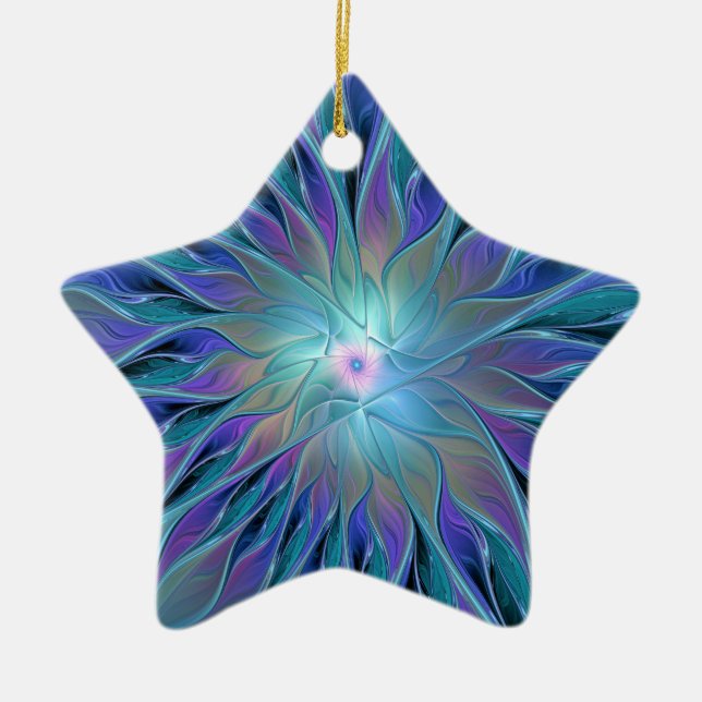 Blue Purple Flower Dream Abstract Fractal Art Ceramic Tree Decoration (Front)