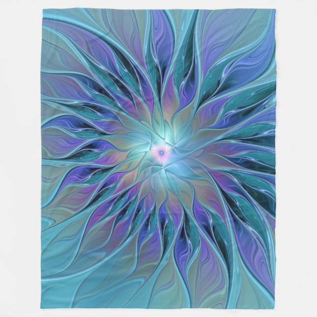 Blue Purple Flower Dream Abstract Fractal Art Fleece Blanket (Front)