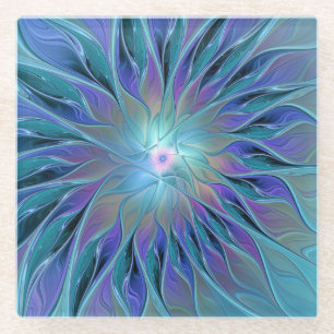 Blue Purple Flower Dream Abstract Fractal Art Glass Coaster
