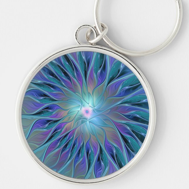 Blue Purple Flower Dream Abstract Fractal Art Key Ring (Front)