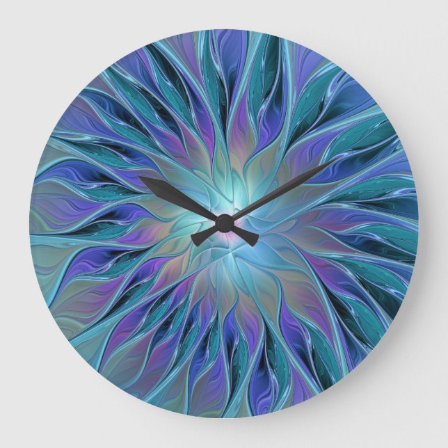 Blue Purple Flower Dream Abstract Fractal Art Large Clock (Front)