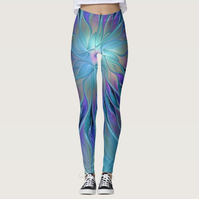 Blue Purple Flower Dream Abstract Fractal Art Leggings (Front)