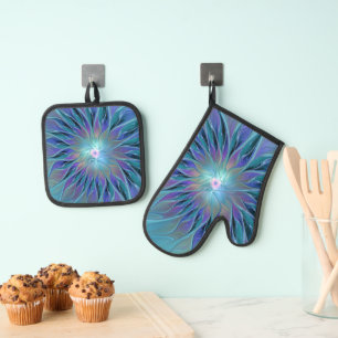 Blue Purple Flower Dream Abstract Fractal Art Oven Mitt & Pot Holder Set