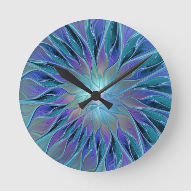 Blue Purple Flower Dream Abstract Fractal Art Round Clock (Front)