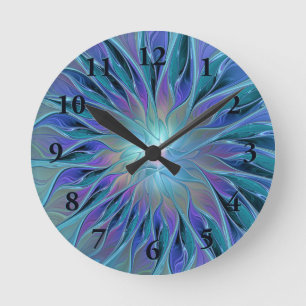 Blue Purple Flower Dream Abstract Fractal Art Round Clock