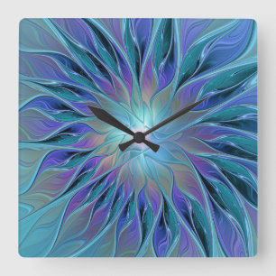 Blue Purple Flower Dream Abstract Fractal Art Square Wall Clock