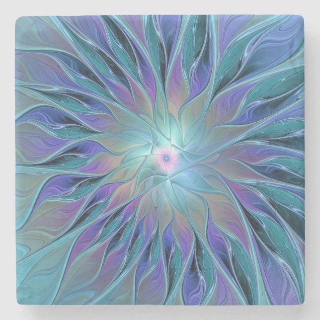 Blue Purple Flower Dream Abstract Fractal Art Stone Coaster (Front)