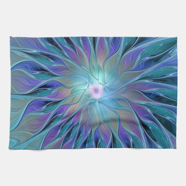 Blue Purple Flower Dream Abstract Fractal Art Tea Towel (Horizontal)
