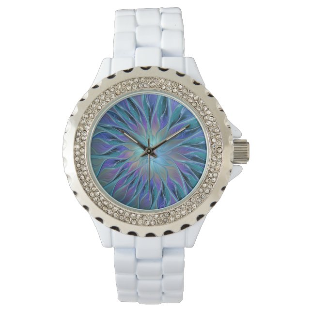 Blue Purple Flower Dream Abstract Fractal Art Watch (Front)