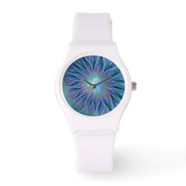 Blue Purple Flower Dream Abstract Fractal Art Watch (Front)