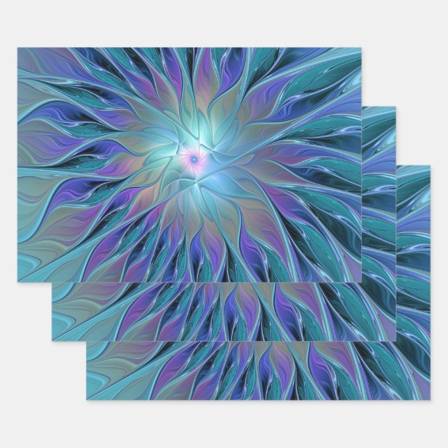 Blue Purple Flower Dream Abstract Fractal Art Wrapping Paper Sheet (Set)
