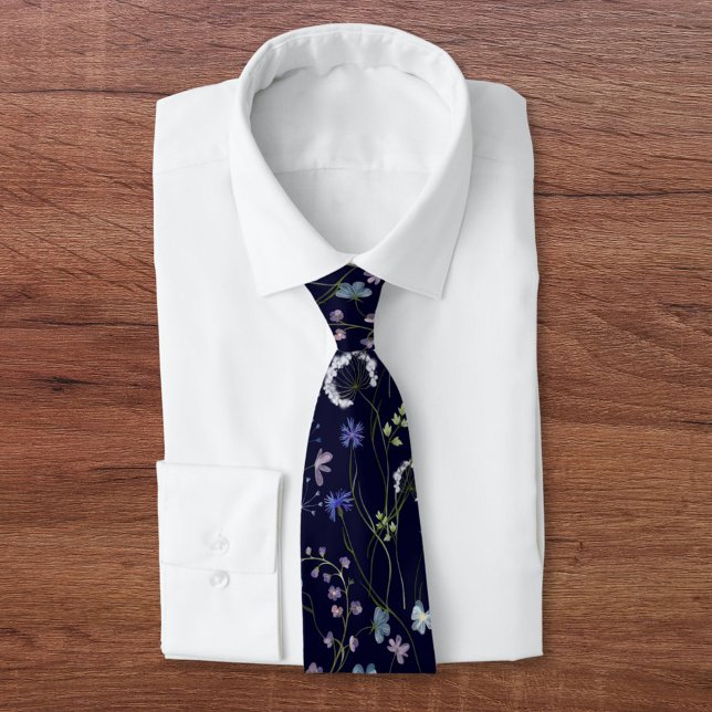 Blue Purple Flower Wildflower Floral Pattern Tie (Front side)