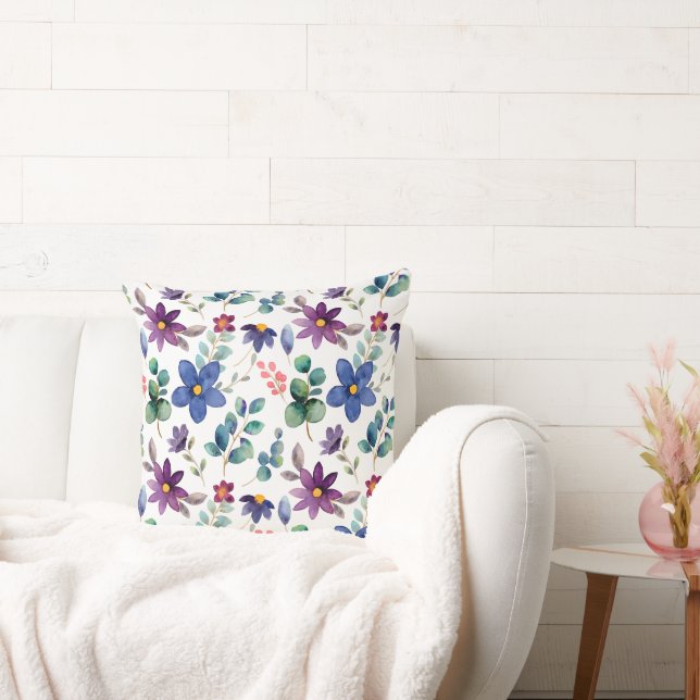 blue purple flower with green leaves pattern cushion (Couch)