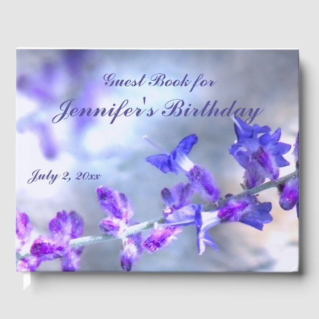 Blue Purple Flowers Birthday Party Guest Book (Front)