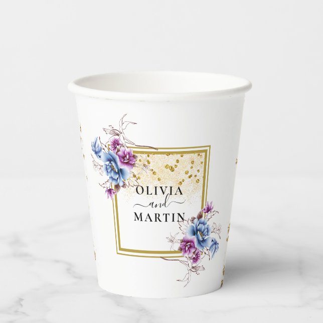Blue Purple Flowers Framed Wedding Paper Cup (Front)
