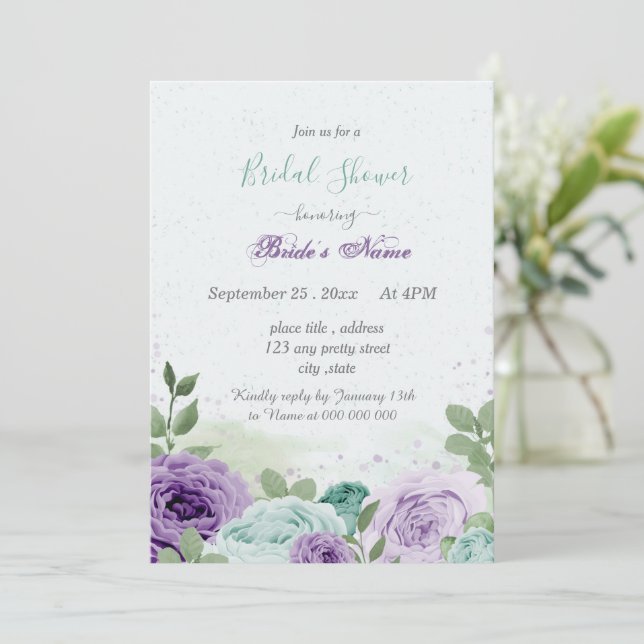 blue purple flowers green leaves bridal shower invitation (Standing Front)