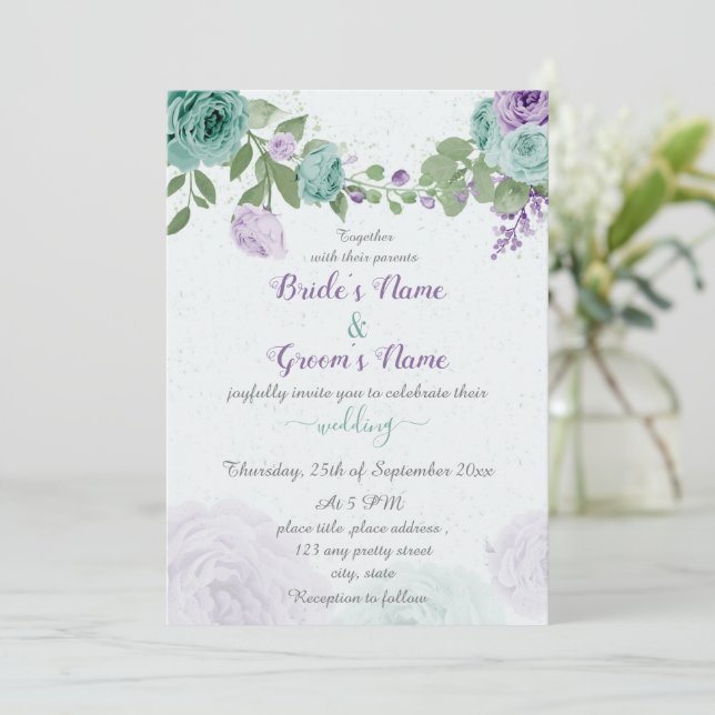 blue purple flowers green leaves wedding invitation (Standing Front)