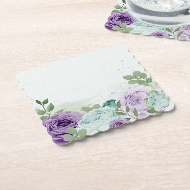 blue purple flowers greenery botanical paper coaster (Angled)