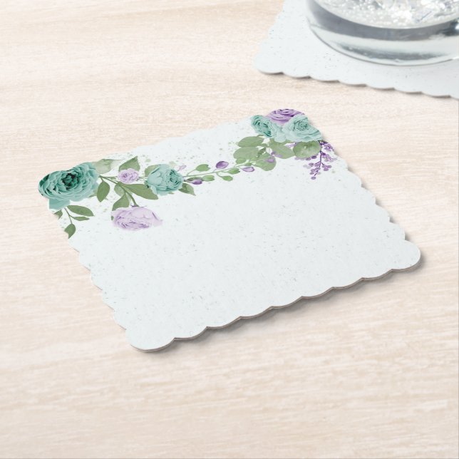 blue purple flowers greenery botanical paper coaster (Angled)