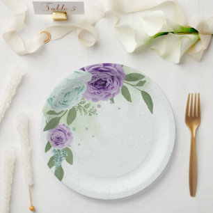 blue purple flowers greenery botanical paper plate