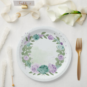 blue purple flowers greenery botanical paper plate