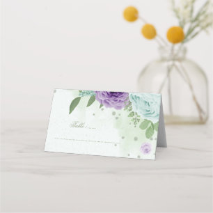 blue purple flowers greenery botanical place card