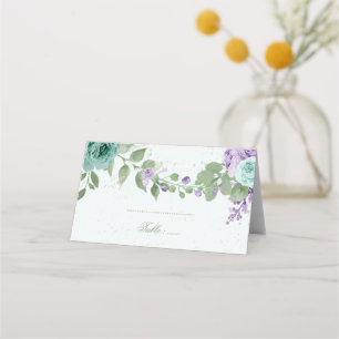 blue purple flowers greenery botanical place card