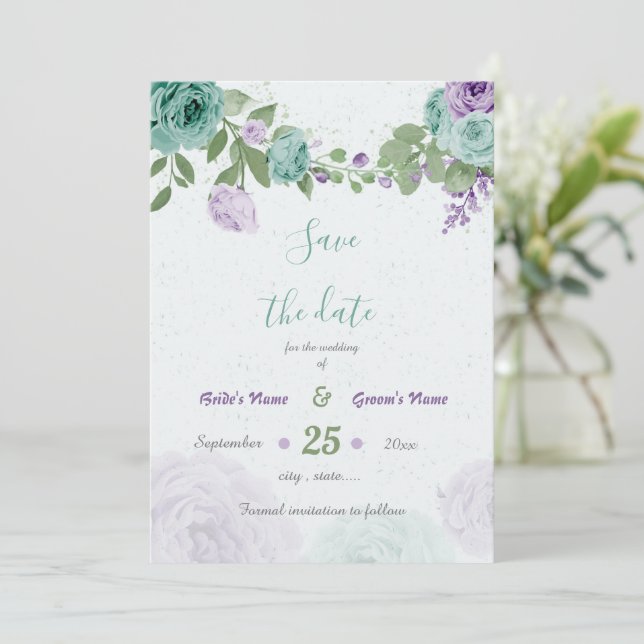 blue purple flowers greenery botanical save the date (Standing Front)