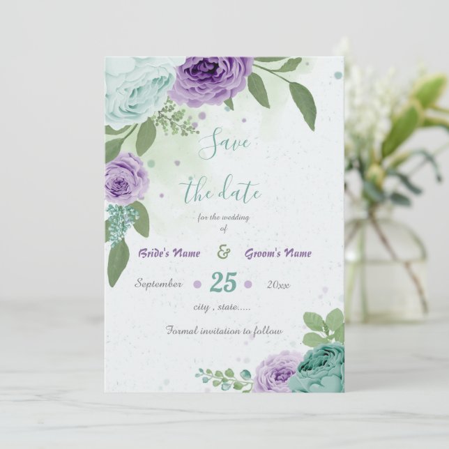 blue purple flowers greenery botanical save the date (Standing Front)
