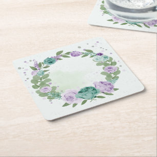 blue purple flowers greenery botanical square pape paper coaster