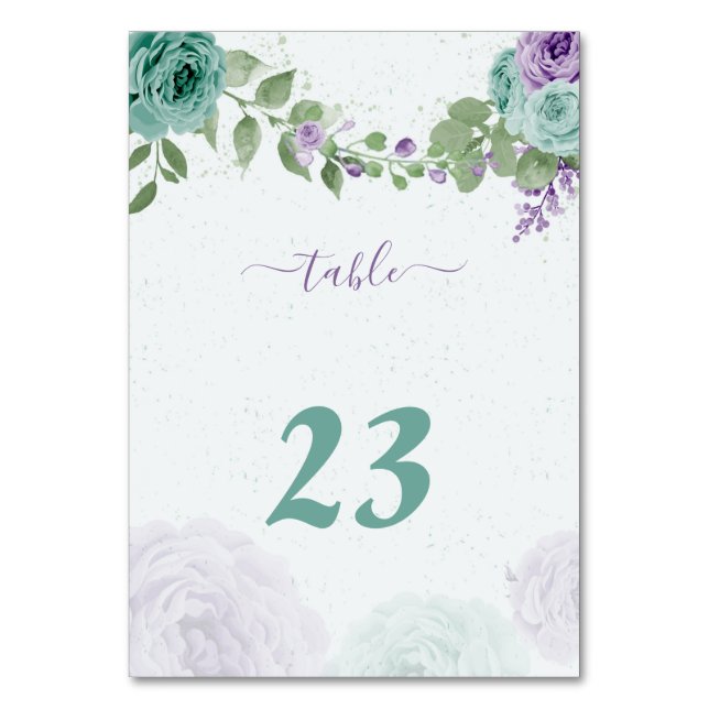 blue purple flowers greenery botanical table number (Front)