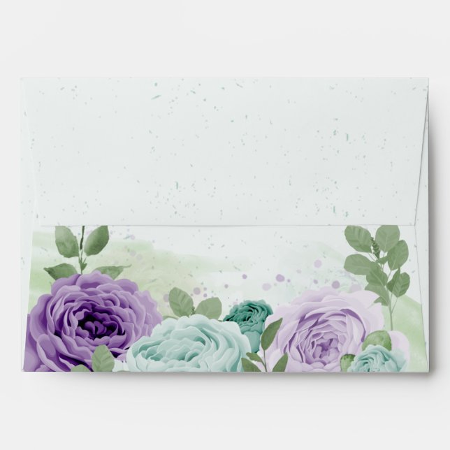 blue purple flowers greenery botanical wedding envelope (Back (Top Flap))