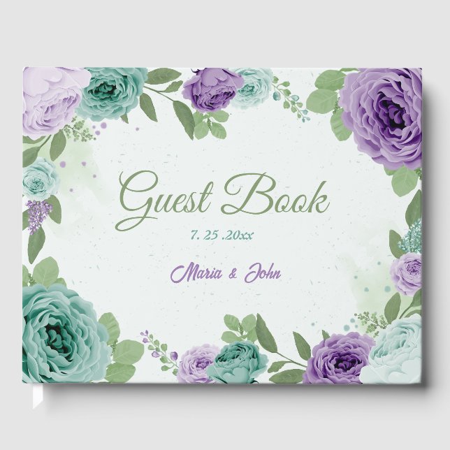 blue purple flowers greenery wedding guest book (Front)