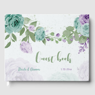 blue purple flowers greenery wedding  guest book