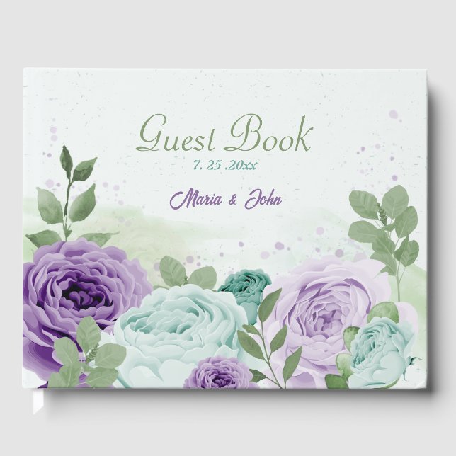 blue purple flowers greenery wedding guest book (Front)