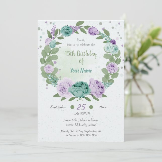 blue purple flowers greenery wreath birthday invitation (Standing Front)
