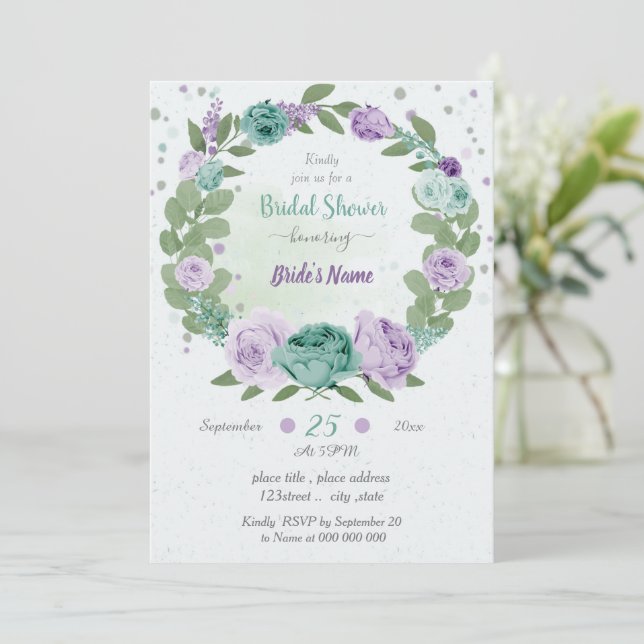 blue purple flowers greenery wreath bridal shower invitation (Standing Front)