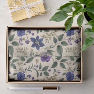 Blue & Purple Flowers Ivory & Green Foliage Tissue Paper