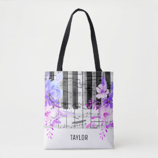 blue purple flowers music notes piano tote bag