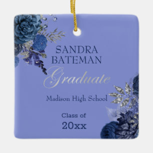 Blue Purple Flowers   Silver Graduation Keepsake   Ceramic Ornament